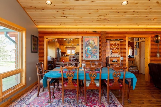 dining area featuring wood ceiling, an inviting chandelier, a healthy amount of sunlight, and rustic walls
