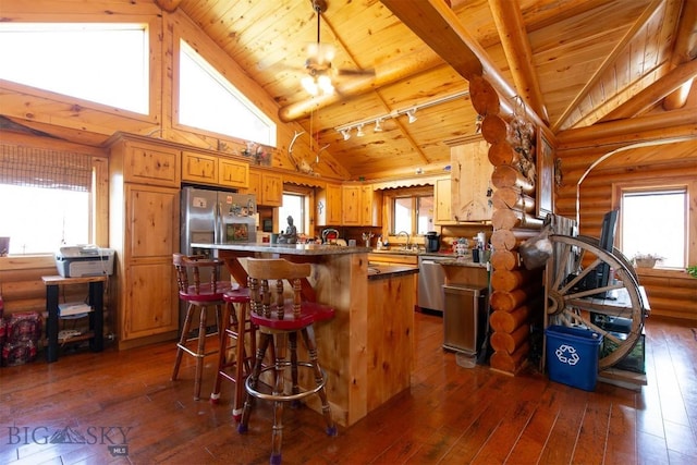 kitchen featuring wood ceiling, brown cabinetry, dark wood-style flooring, a sink, and high vaulted ceiling