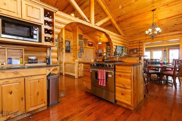 18 7m4r Rd, Sheridan, MT 59749 - kitchen featuring stainless steel stove, black microwave, wooden ceiling, dark wood finished floors, and a chandelier