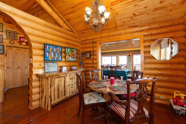 dining area featuring an inviting chandelier, wood-type flooring, lofted ceiling, wood ceiling, and log walls