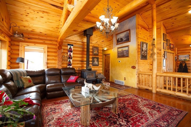 living room featuring wood ceiling, rustic walls, visible vents, vaulted ceiling, and a notable chandelier