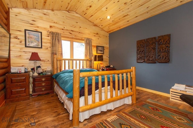 bedroom with lofted ceiling, wood walls, baseboards, wood ceiling, and wood finished floors