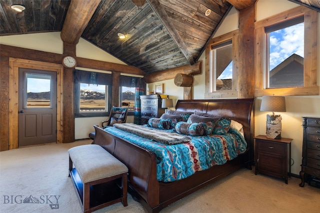 6 Browtine Ln, Ennis, MT 59729 - bedroom with lofted ceiling with beams, multiple windows, light colored carpet, and wood ceiling