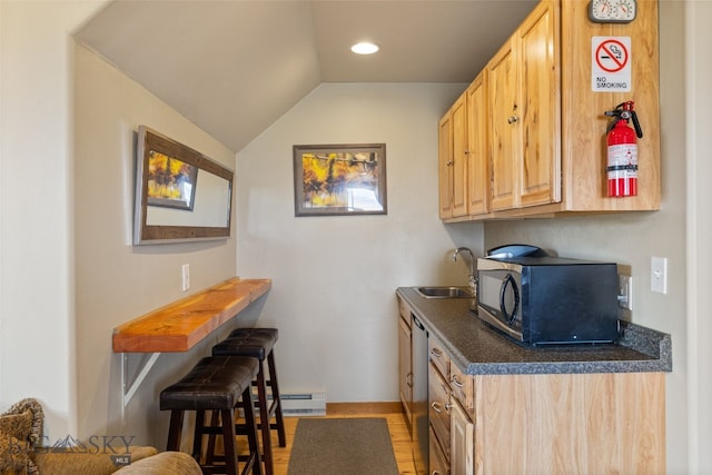 6 Browtine Ln, Ennis, MT 59729 - kitchen featuring a sink, black microwave, light brown cabinetry, dark countertops, and dishwasher