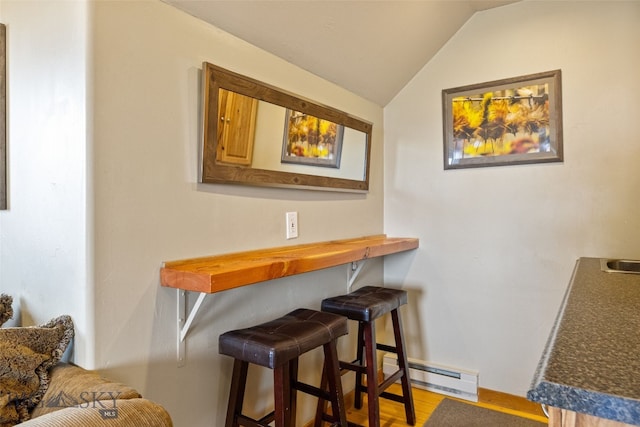 6 Browtine Ln, Ennis, MT 59729 - interior space featuring baseboards, wood finished floors, lofted ceiling, and a baseboard radiator