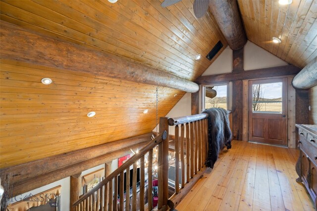 6 Browtine Ln, Ennis, MT 59729 - interior space with recessed lighting, lofted ceiling with beams, light wood-style flooring, wood ceiling, and an upstairs landing