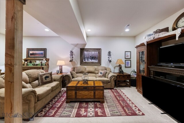 6 Browtine Ln, Ennis, MT 59729 - living room featuring visible vents, recessed lighting, carpet floors, and a fireplace