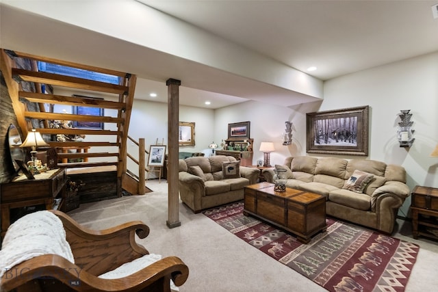 6 Browtine Ln, Ennis, MT 59729 - living area with ornate columns, carpet, recessed lighting, and stairs
