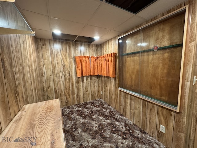 bathroom with wooden walls and a drop ceiling