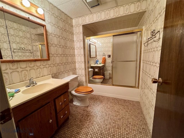 bathroom featuring an enclosed shower, visible vents, toilet, tile patterned floors, and vanity