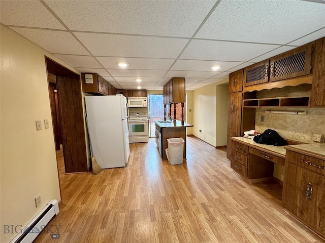 kitchen with a paneled ceiling, light wood-style floors, open shelves, white appliances, and a baseboard radiator