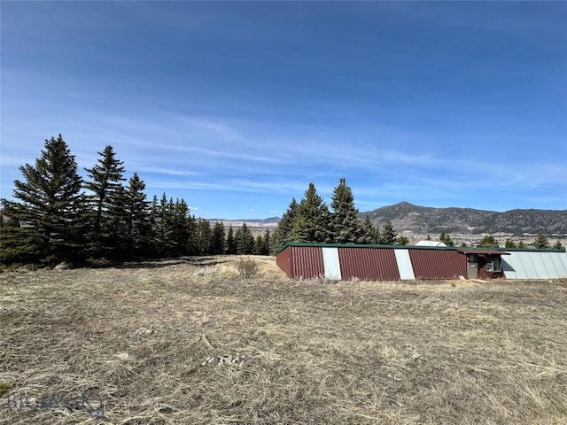 view of yard featuring a mountain view and an outbuilding