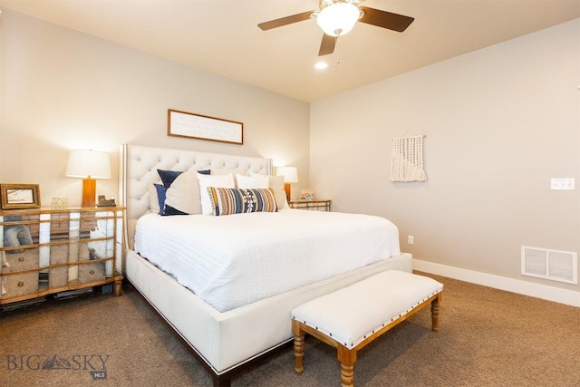 bedroom with recessed lighting, carpet flooring, a ceiling fan, visible vents, and baseboards