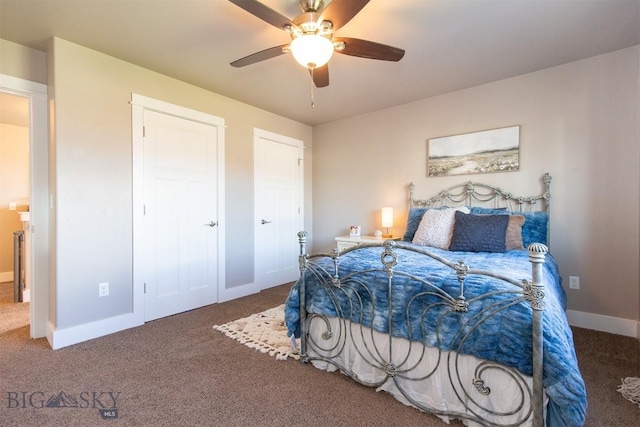 bedroom featuring ceiling fan, carpet flooring, and baseboards