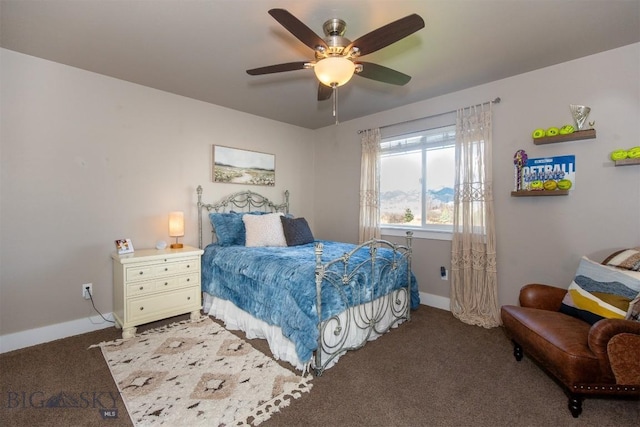 bedroom featuring baseboards, ceiling fan, and light colored carpet
