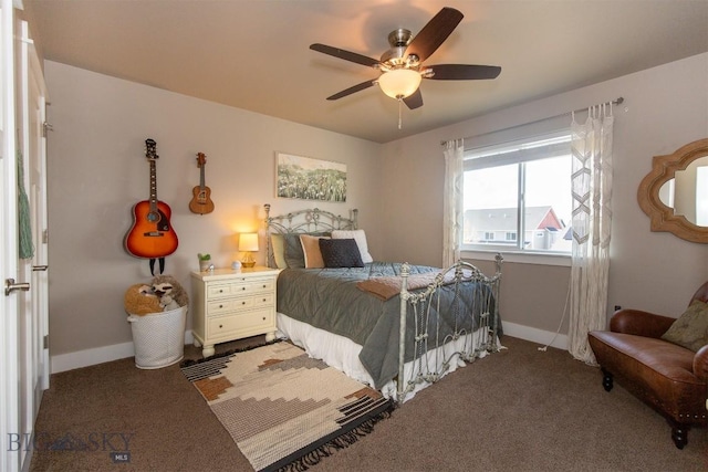 bedroom with baseboards, a ceiling fan, and carpet flooring