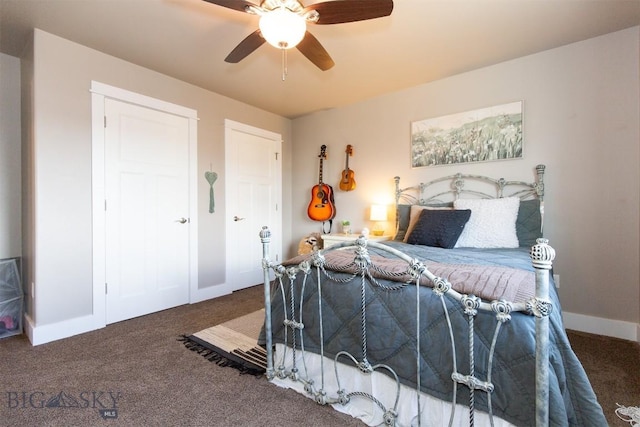 bedroom with ceiling fan, baseboards, and carpet floors