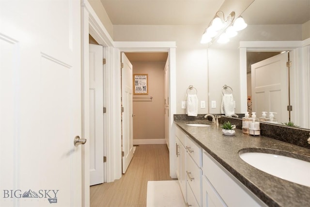 bathroom with baseboards, double vanity, and a sink