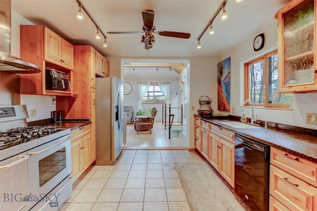 726 US Highway 10 W, Livingston, MT 59047 - kitchen with double oven range, stainless steel fridge, wall chimney range hood, dishwasher, and a sink
