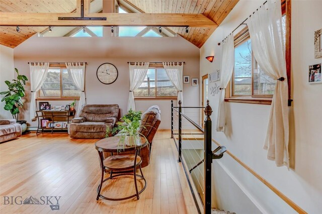 726 US Highway 10 W, Livingston, MT 59047 - living area featuring wood ceiling, hardwood / wood-style flooring, and plenty of natural light