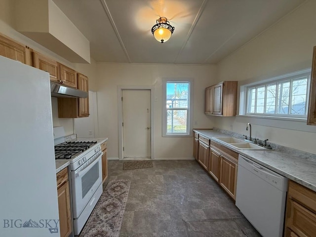 kitchen featuring light countertops, a sink, under cabinet range hood, and white appliances