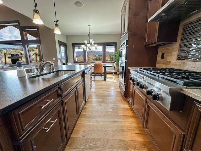 kitchen with a sink, stainless steel appliances, under cabinet range hood, an inviting chandelier, and light wood finished floors