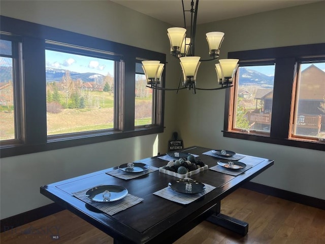 dining area with wood finished floors and a chandelier