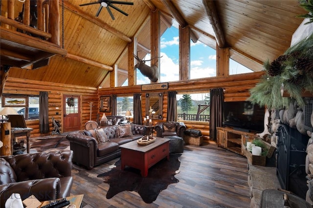 7550 Springhill Rd, Belgrade, MT 59714 - living room featuring ceiling fan, rustic walls, high vaulted ceiling, beamed ceiling, and wood ceiling