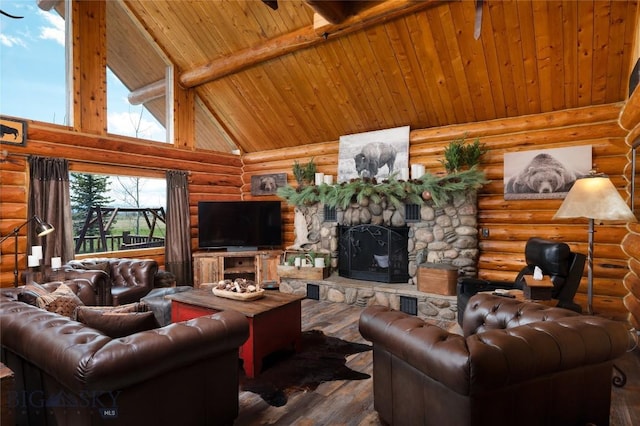 7550 Springhill Rd, Belgrade, MT 59714 - living area featuring a stone fireplace, rustic walls, wooden ceiling, and hardwood / wood-style flooring
