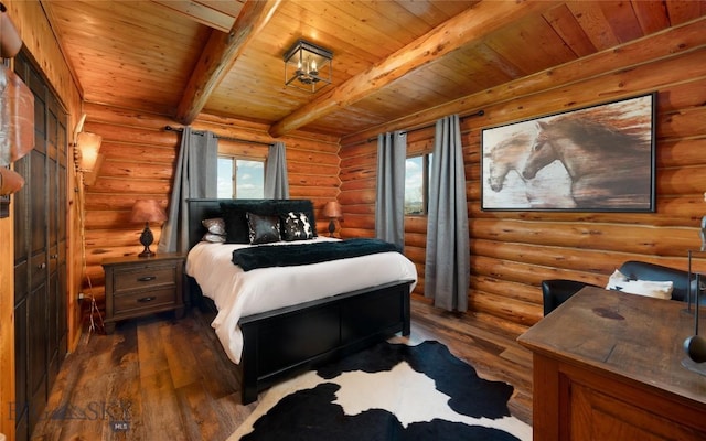 7550 Springhill Rd, Belgrade, MT 59714 - bedroom featuring beamed ceiling, rustic walls, hardwood / wood-style flooring, and wooden ceiling