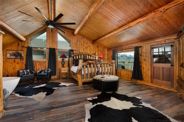 7550 Springhill Rd, Belgrade, MT 59714 - bedroom with wood-type flooring, wood ceiling, vaulted ceiling with beams, and wooden walls