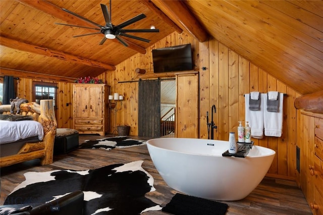 7550 Springhill Rd, Belgrade, MT 59714 - bathroom with wood-type flooring, wood walls, ceiling fan, wooden ceiling, and lofted ceiling with beams