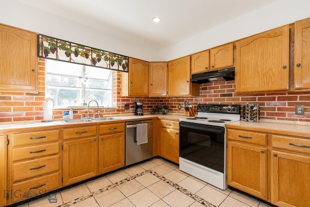 kitchen with stainless steel dishwasher, range with electric stovetop, light countertops, under cabinet range hood, and a sink