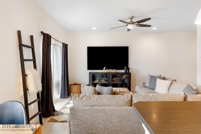 1307 Grover Ln Unit B, Belgrade, MT 59714 - living room featuring ceiling fan, recessed lighting, and light wood-style flooring