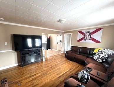 820 Lexington Ave, Butte, MT 59701 - living room featuring baseboards, ornamental molding, and wood finished floors