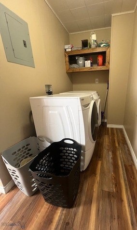 820 Lexington Ave, Butte, MT 59701 - clothes washing area featuring laundry area, baseboards, dark wood-type flooring, electric panel, and separate washer and dryer