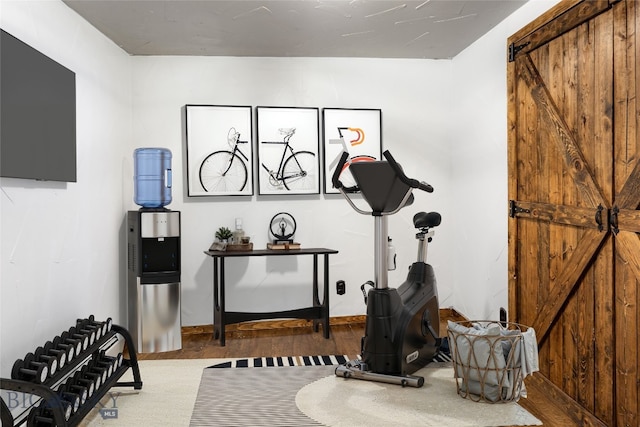 workout area with a barn door and wood finished floors