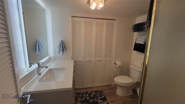 bathroom featuring a closet, wood finished floors, toilet, and vanity