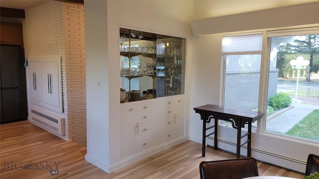 interior space with light wood-style floors, plenty of natural light, a baseboard heating unit, and radiator heating unit
