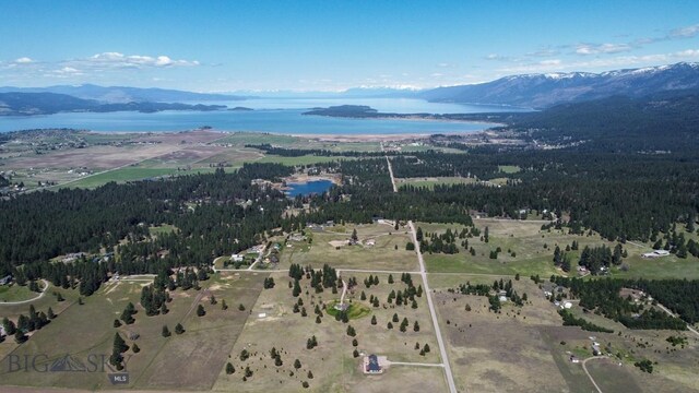 aerial view with a forest view and a water and mountain view