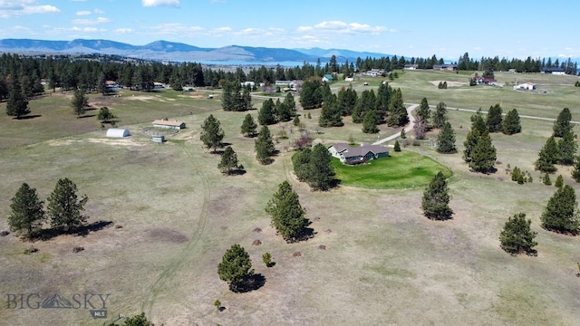 birds eye view of property featuring a mountain view and a rural view