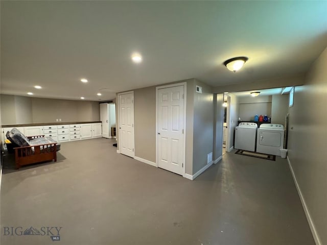 216 W 2nd Ave, Big Timber, MT 59011 - basement with visible vents, washer and clothes dryer, baseboards, and recessed lighting