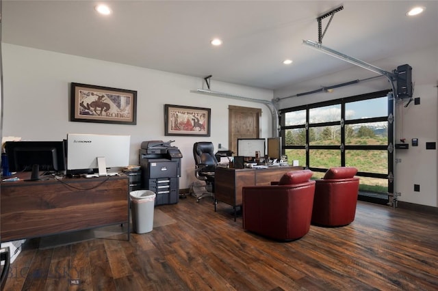 home office featuring recessed lighting and dark wood-type flooring