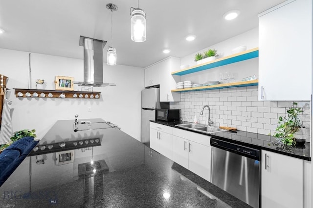kitchen with open shelves, range hood, white cabinetry, a sink, and appliances with stainless steel finishes