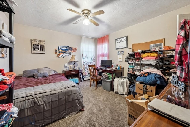 2300 S Dr, Butte, MT 59701 - bedroom with ceiling fan, a textured ceiling, carpet flooring, and a baseboard heating unit