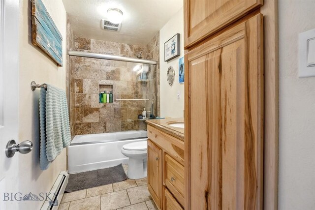 2300 S Dr, Butte, MT 59701 - bathroom with baseboard heating, toilet, enclosed tub / shower combo, visible vents, and vanity