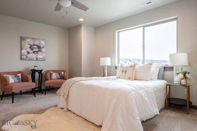 bedroom featuring a ceiling fan, light colored carpet, recessed lighting, and visible vents