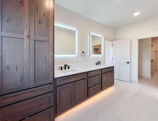 full bathroom featuring a sink, baseboards, a closet, and double vanity