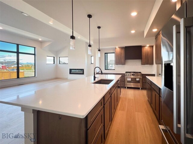 51 W Granite Peak, Bozeman, MT 59718 - kitchen featuring stainless steel appliances, a sink, light wood-style flooring, recessed lighting, and a glass covered fireplace