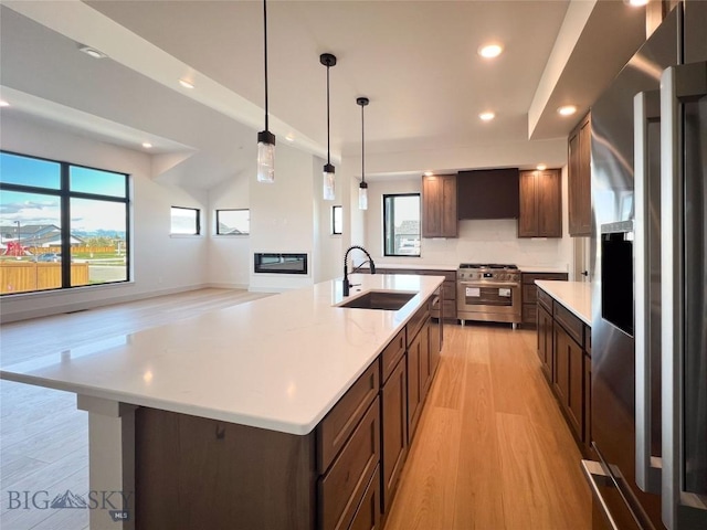 51 W Granite Peak, Bozeman, MT 59718 - kitchen with appliances with stainless steel finishes, light wood-type flooring, recessed lighting, a glass covered fireplace, and healthy amount of natural light